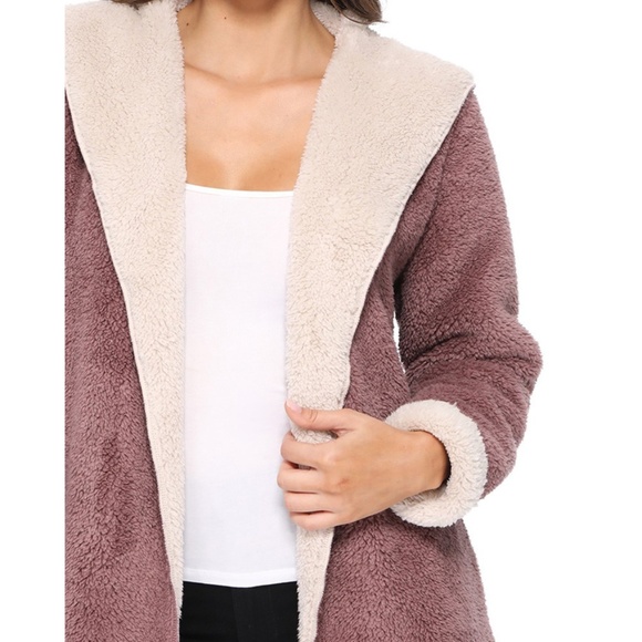 Mauve Teddy Sherpa Fleece Hood Cardigan Jacket - Picture 5 of 8